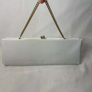 Vintage White Clutch, Mid Century Gold Framed, Patent Leather Handbag Purse